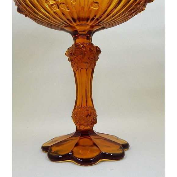Fenton Cabbage Rose Amber Compote Pedestal Bowl Candy Dish - Picture 5 of 12